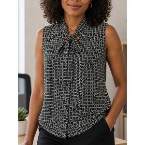 Adrianna Papell Womens Blouse Black White Medallion Tie Neck Sleeveless Medium